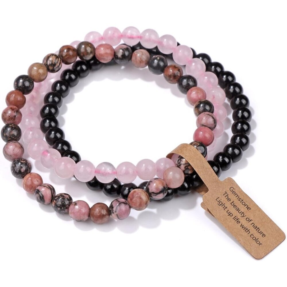 3 PCS 6mm PinkZebra Healing Natural Stone Beaded Stretch Bracelet for Gifts
